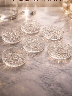 Elegant Cut Glass Coaster Set (6) – Starburst Pattern, Vintage Style